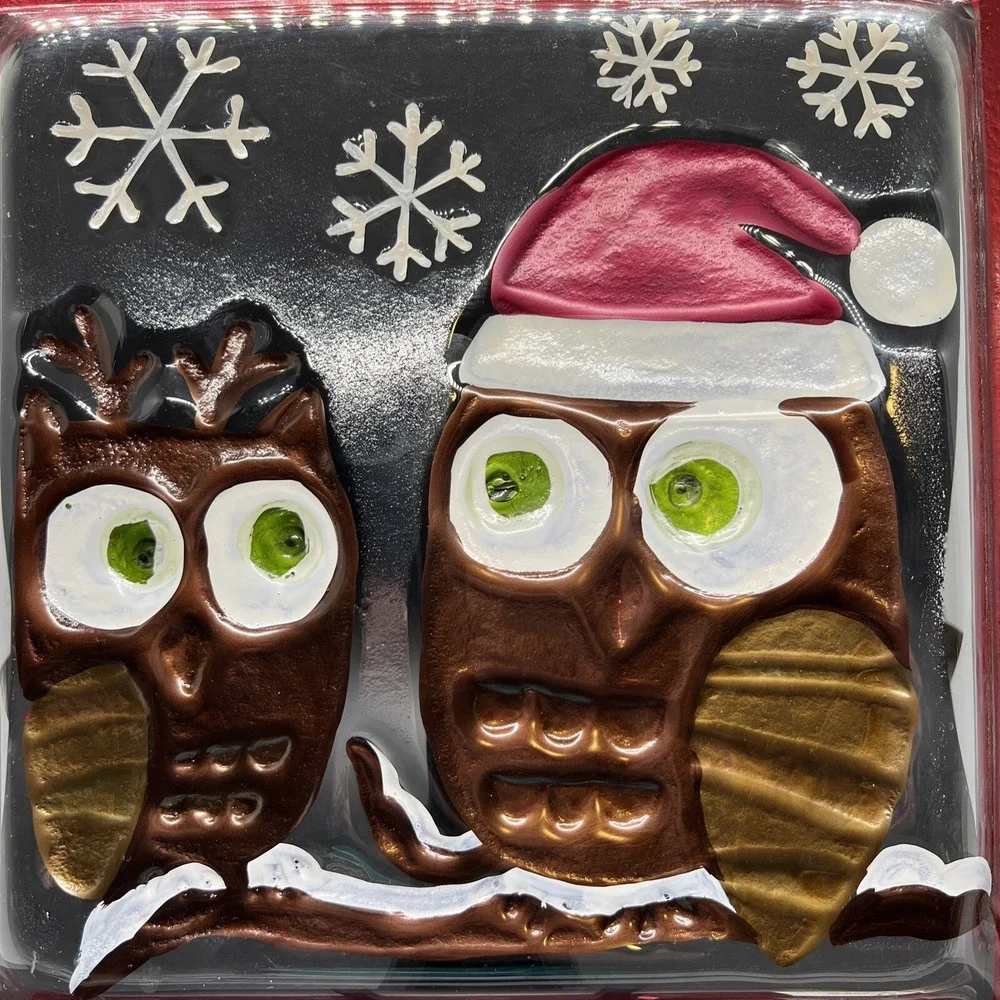 Christmas Platter Reverse Painted Holiday‎ Owls Snowflakes 11.75 X 11.75
